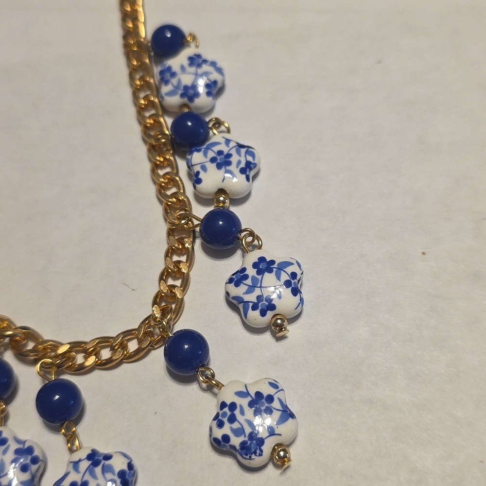 Gold and Blue Floral Necklace - Picture 15 of 16